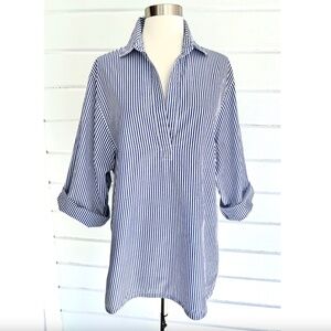 ORGANIC by JOHN PATRICK Blue Striped Cotton Split V Neck Popover Tunic - M